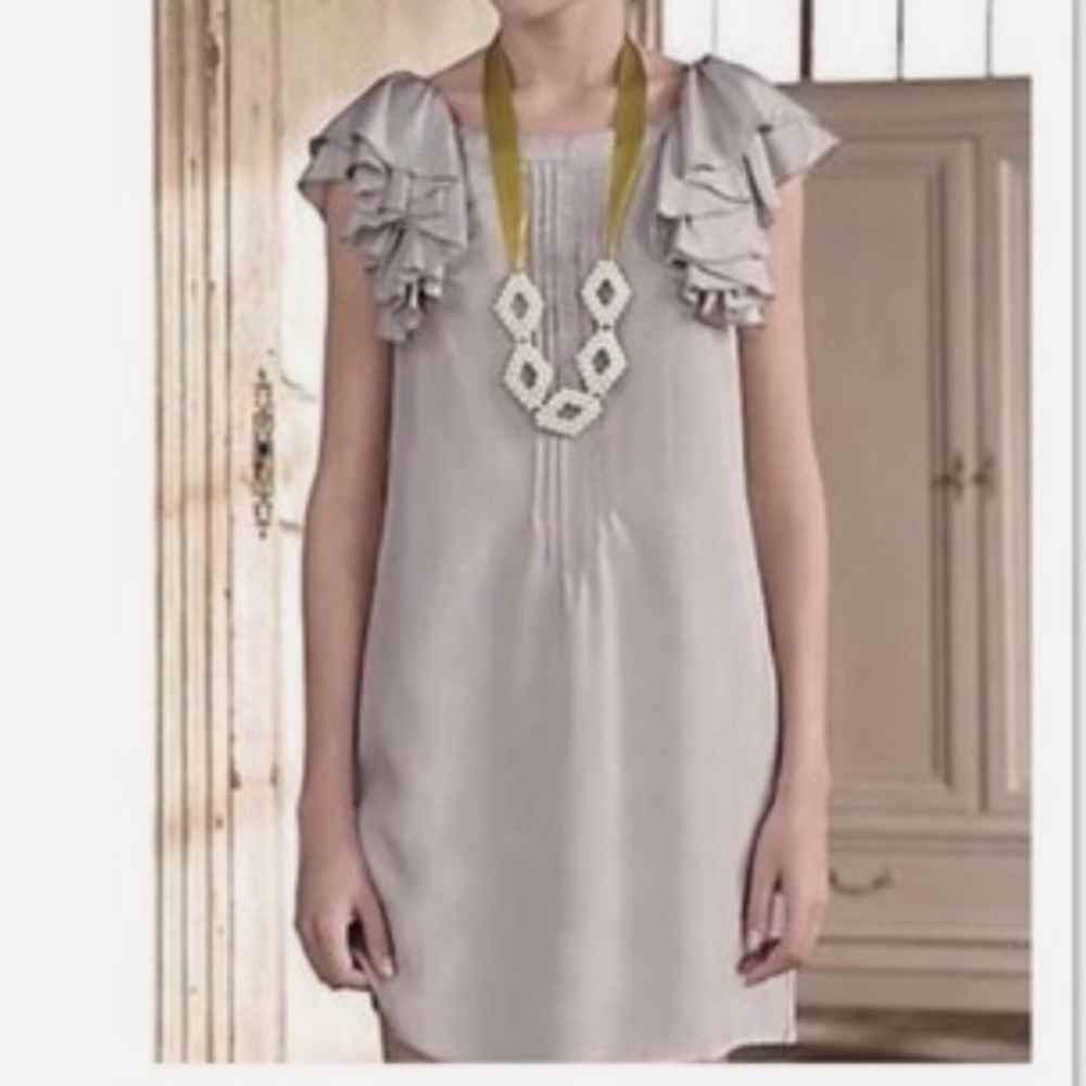 Anthropologie Floreat Silver Gray Flutter Ruffle Pin Tuck Pleats Silk Mini Dress